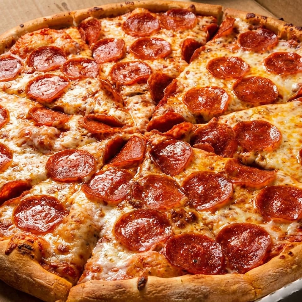 Large pepperoni pizza with melted cheese and a golden crust in an open cardboard delivery box.
