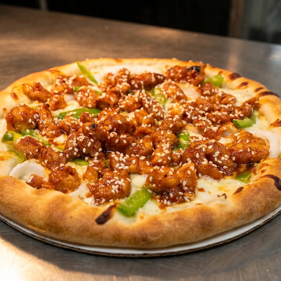 Round pizza topped with glazed chicken, sesame seeds, green peppers, onions, and melted cheese on a metal serving tray.