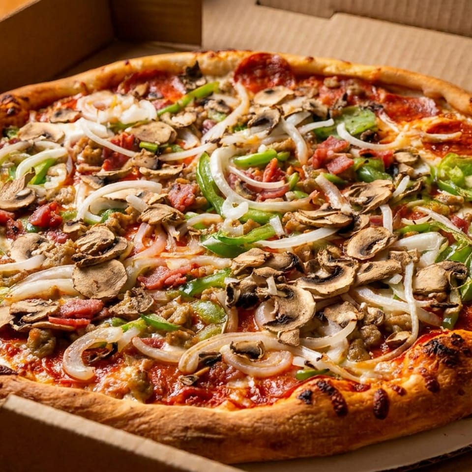 Large loaded pizza topped with mushrooms, onions, green peppers, sausage, and pepperoni in an open cardboard box.
