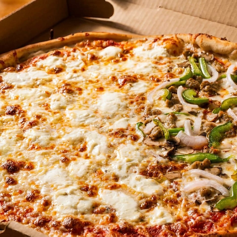 Large half-and-half pizza in an open cardboard box, with melted cheese on one side and sausage, peppers, onions, and mushrooms on the other.