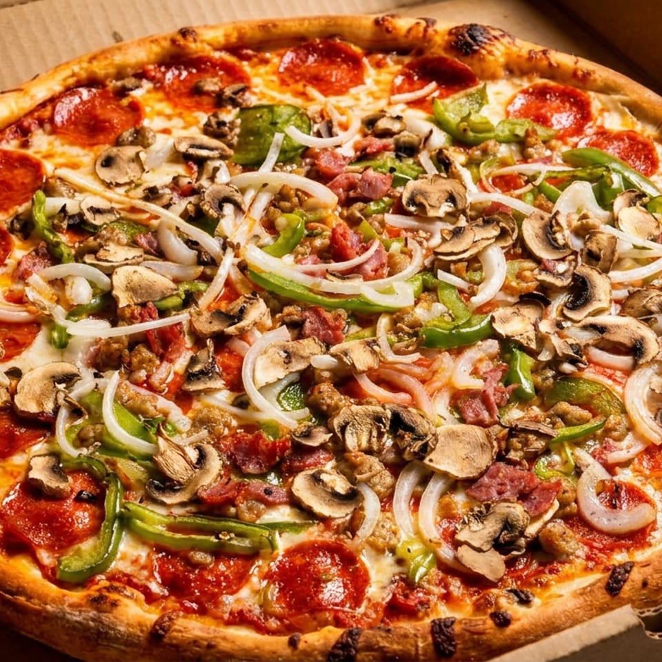 Loaded pepperoni pizza topped with mushrooms, green peppers, onions, sausage, and ham in an open cardboard box.