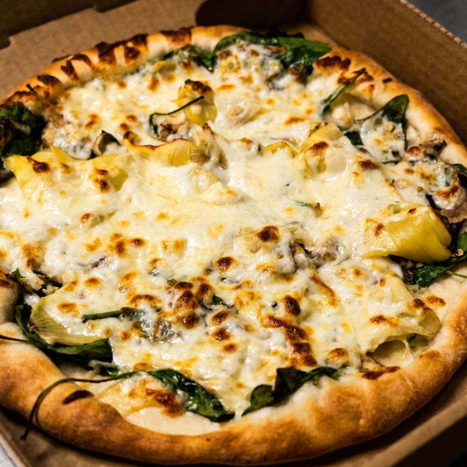 Cheesy vegetable pizza with spinach and artichokes in an open cardboard box on a metal countertop.