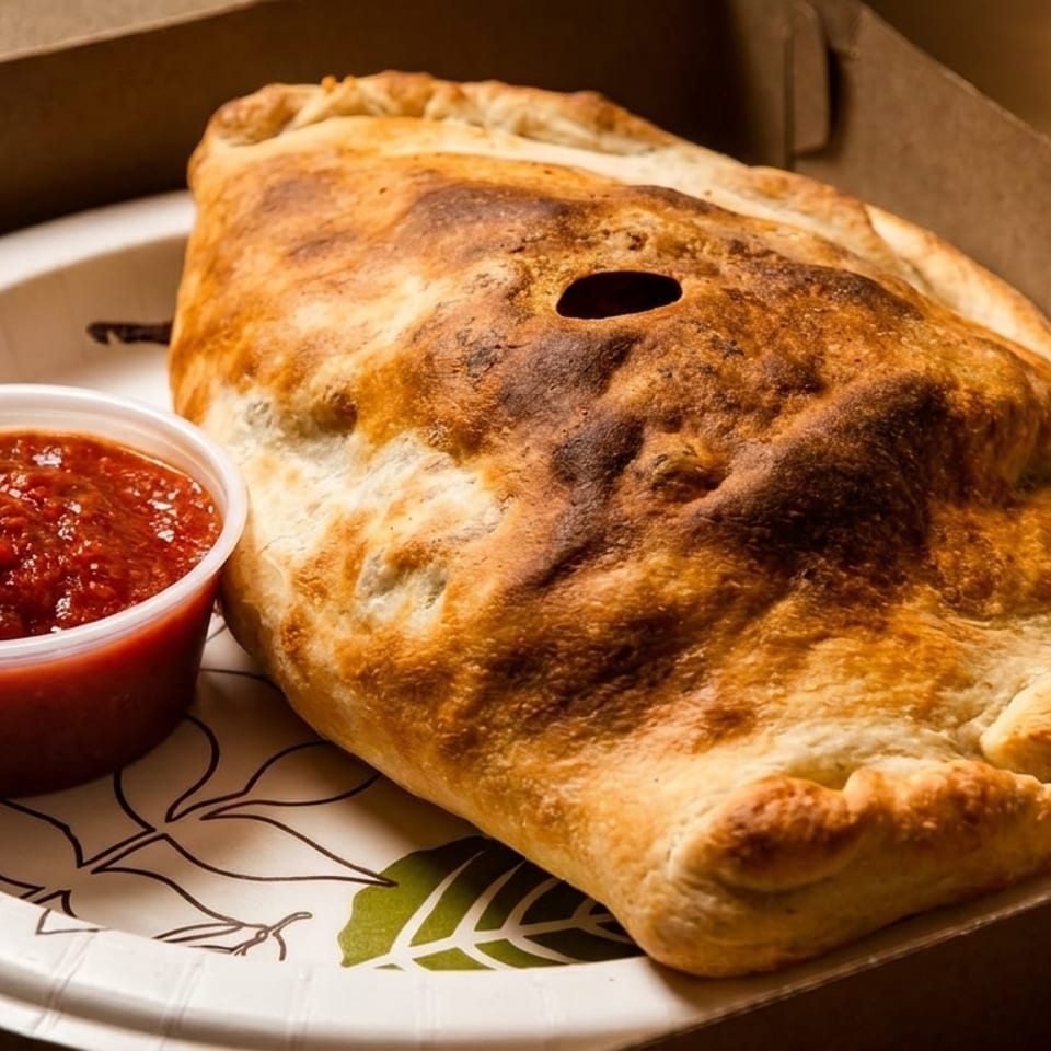 Golden-brown folded calzone served with a cup of red marinara sauce on a paper plate in a takeout box.