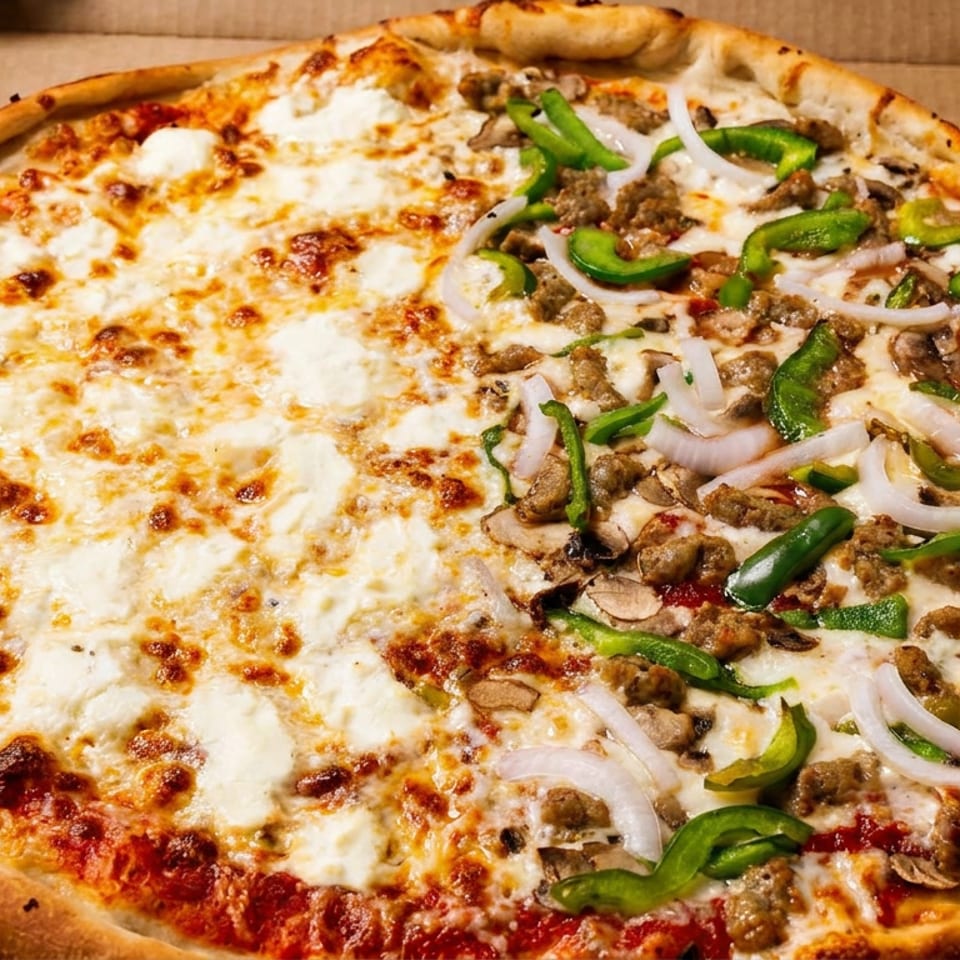 Large half-and-half pizza in a cardboard box, with melted cheese on one side and sausage, peppers, onions, and mushrooms on the other.